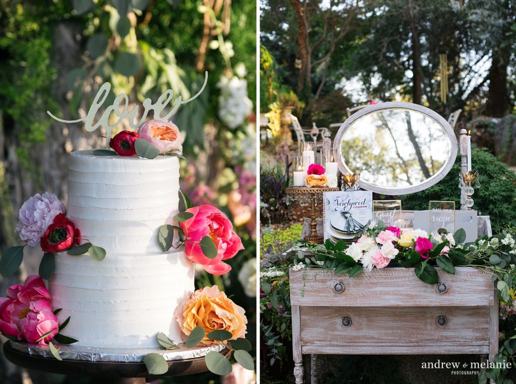 Wedding cake photos with pink and gold flowers